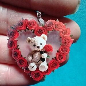 Heart red roses rose white bear wire dangle earrings cute